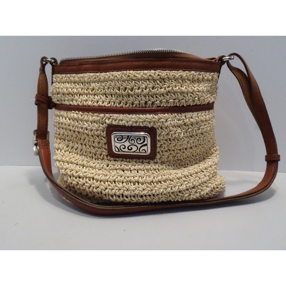 Brighton Woven Straw Leather Crossbody Bag Cream Tan Silver Heart Scroll